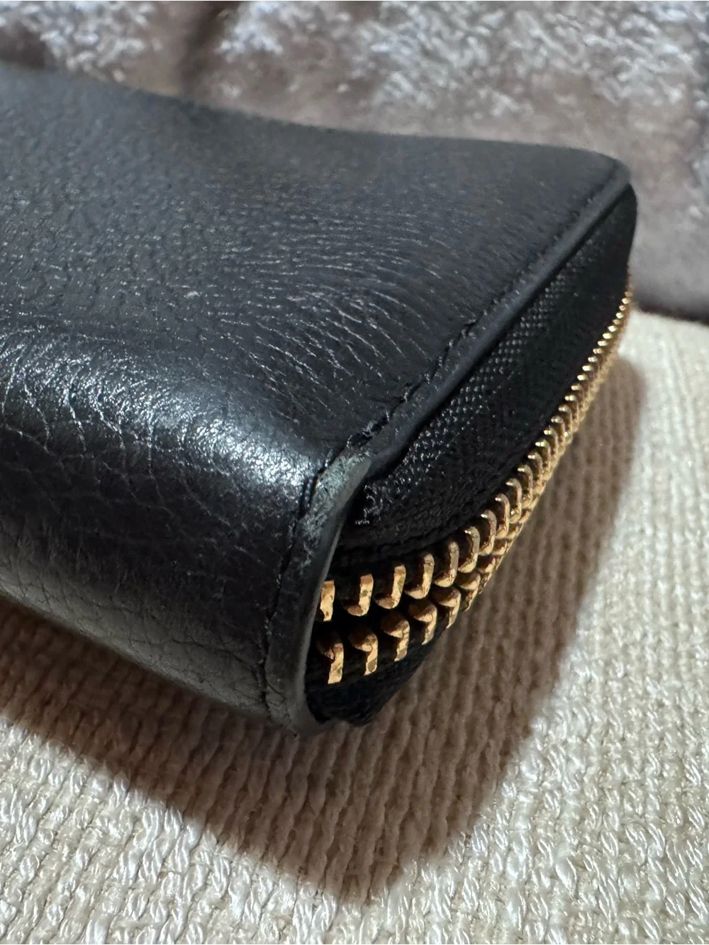 Tory Burch Black Pebbled Leather Zip Wallet with Gold Logo